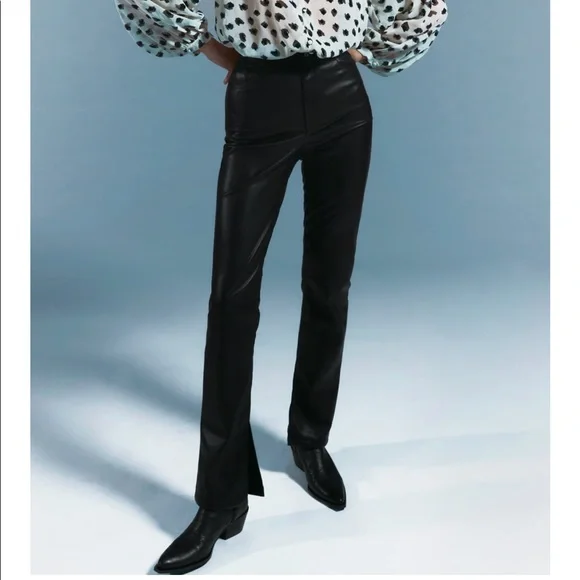 Zara Faux Leather Split-Hem Flared Slim Pants